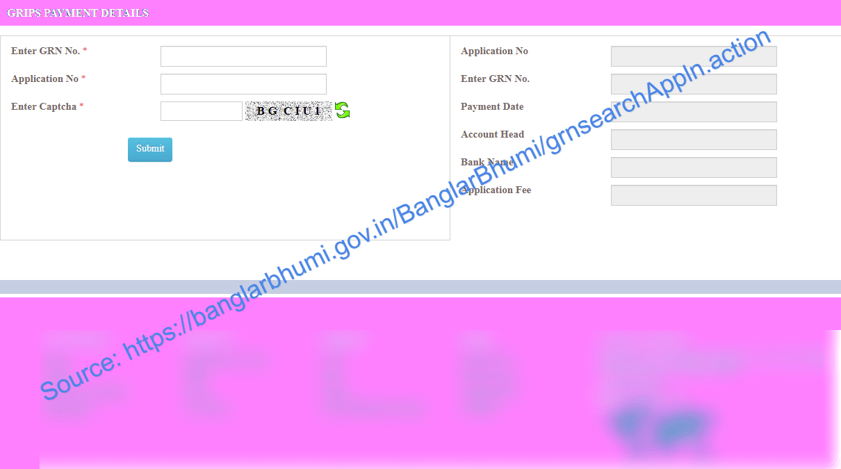 Application GRN Search (GRIPS Payment Details) in banglarbhumi.gov.in
