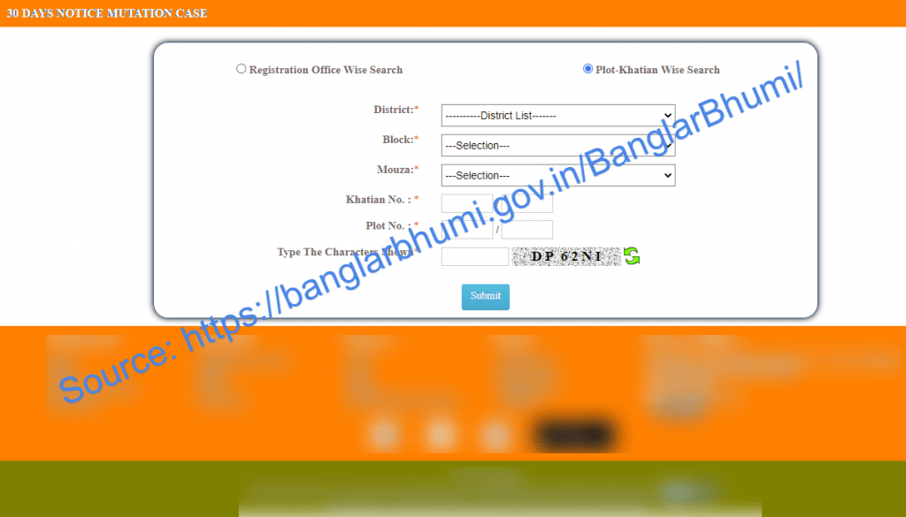 30 days Notice Mutation Case by Plot Khatian Wise Search